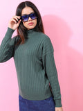 Tokyo Talkies Women Green Ribbed Pullover