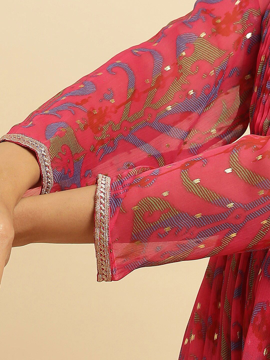 W Pink Self Design Embellished Maxi Ethnic Dress