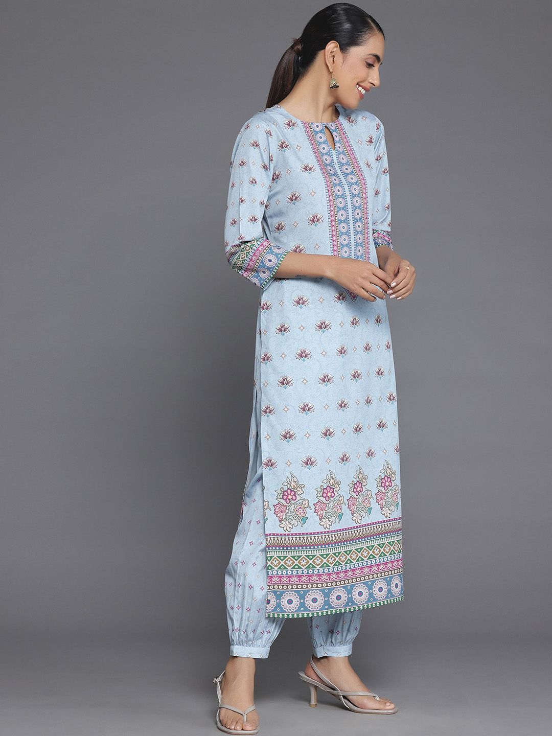 Libas Blue Floral Printed Keyhole Neck Straight Kurta With Salwar & Dupatta