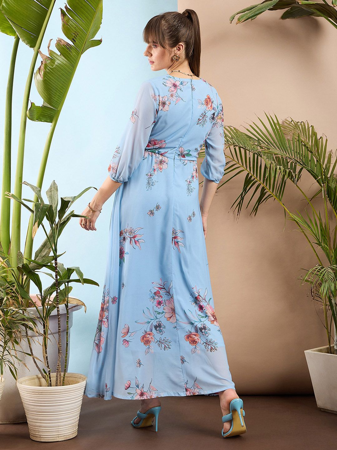 SASSAFRAS Blue & Peach-Coloured Floral Printed Maxi Dress