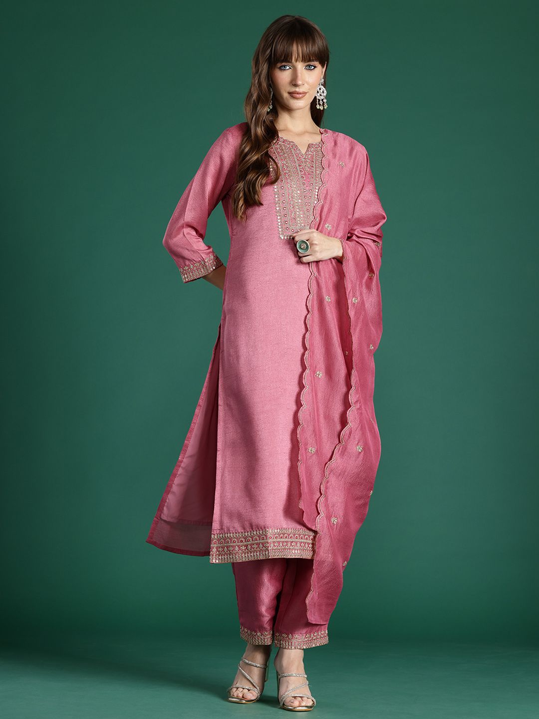 Indo Era Floral Embroidered Sequinned Kurta with Trousers & With Dupatta