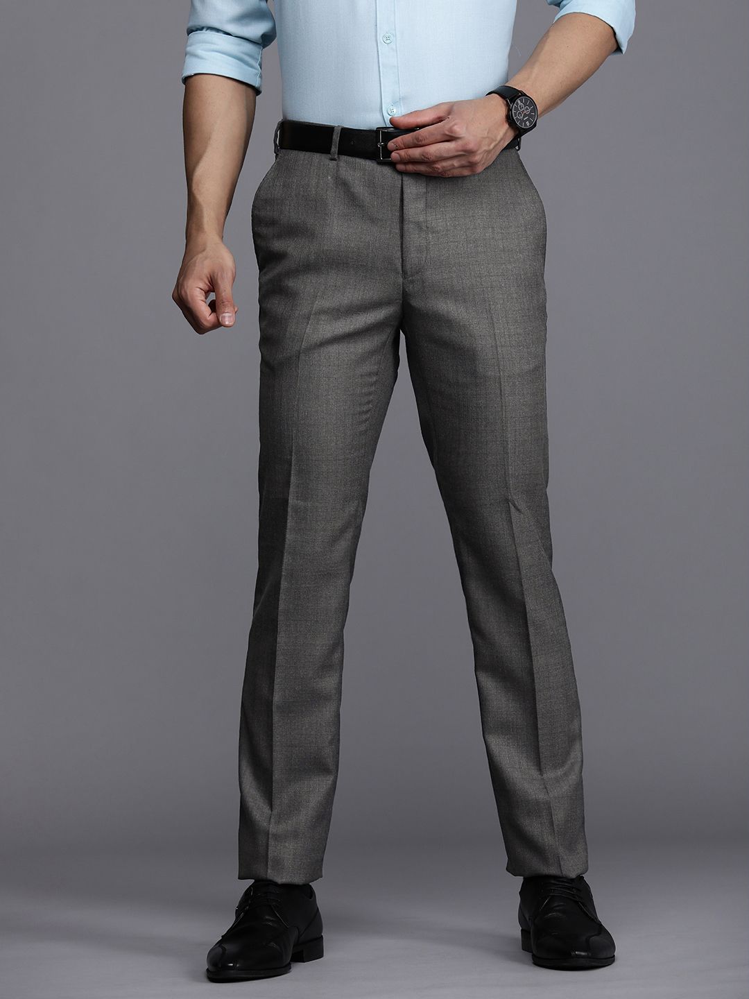 Raymond Men Grey Checked Slim Fit Formal Trousers