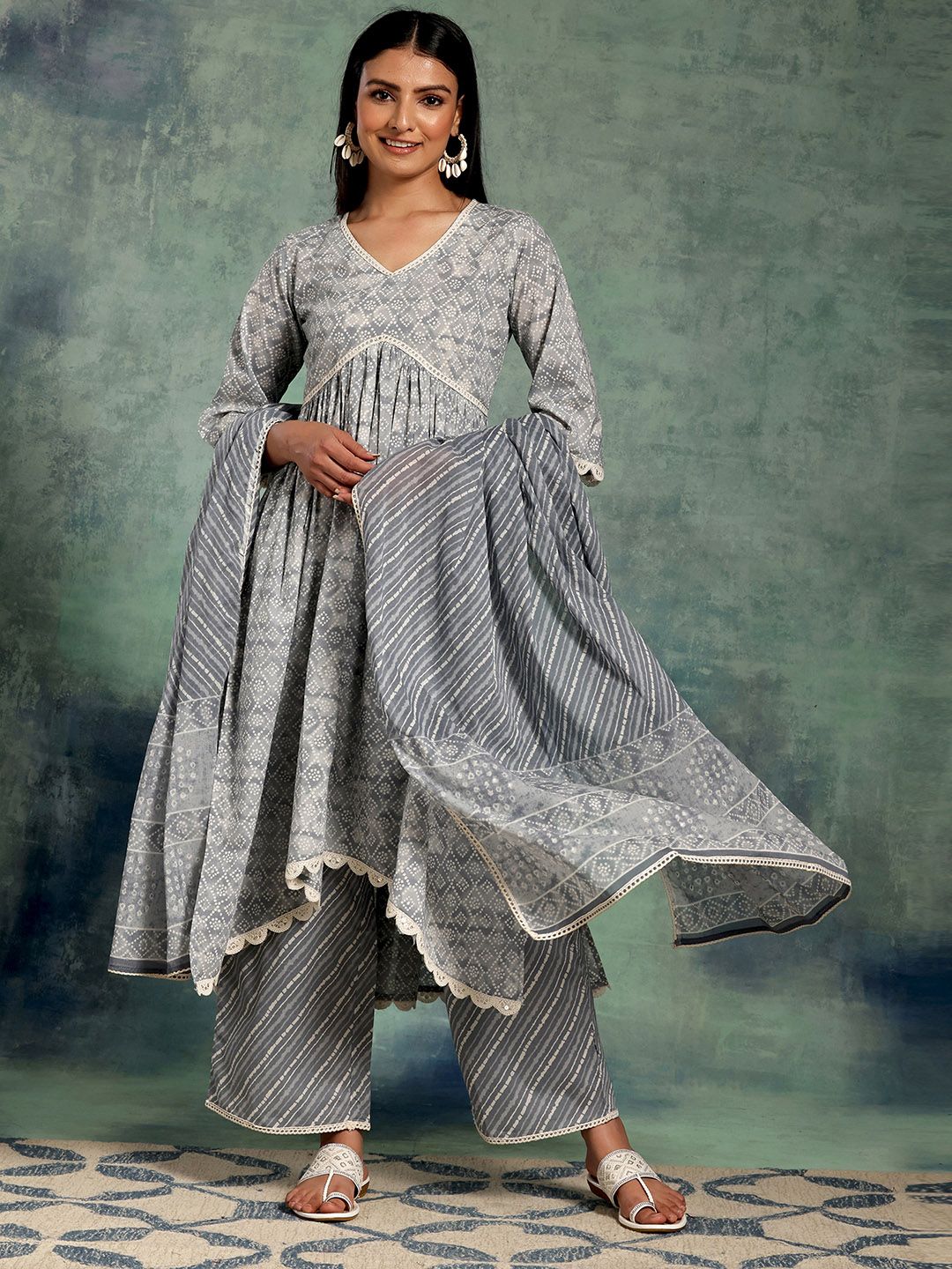 Libas Bandhani Printed Pleated Pure Cotton Kurta with Palazzos & With Dupatta