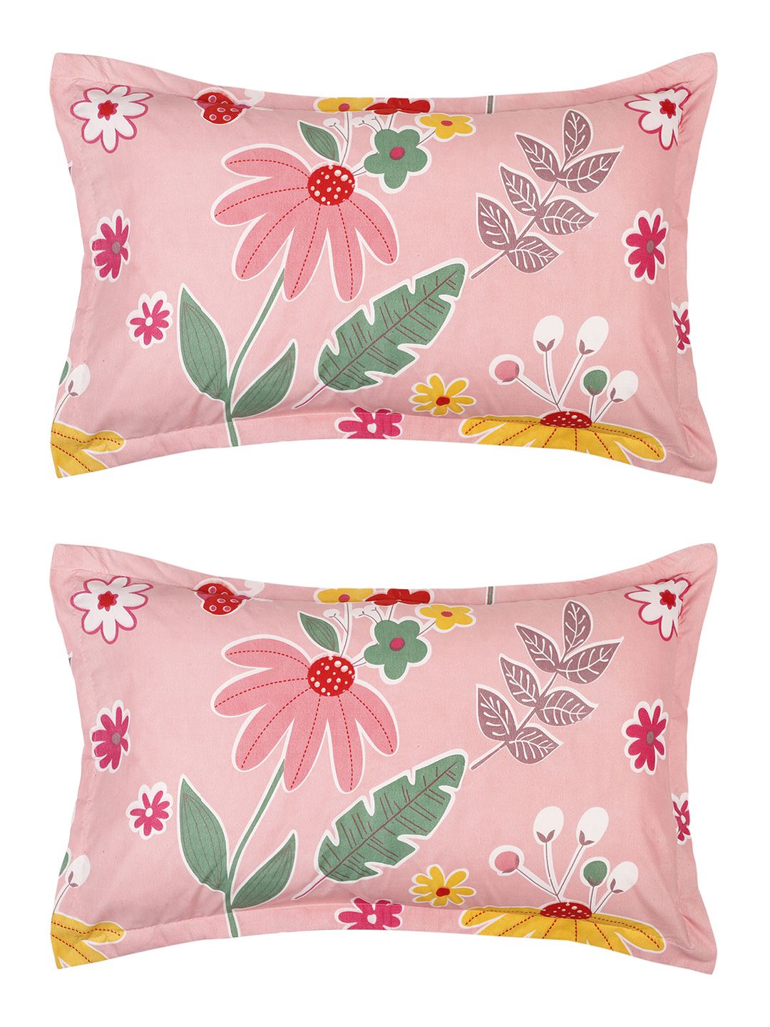 BOMBAY DYEING Vista Red & Green Floral Microfiber 144 TC Queen Bedsheet & 2 Pillow Covers