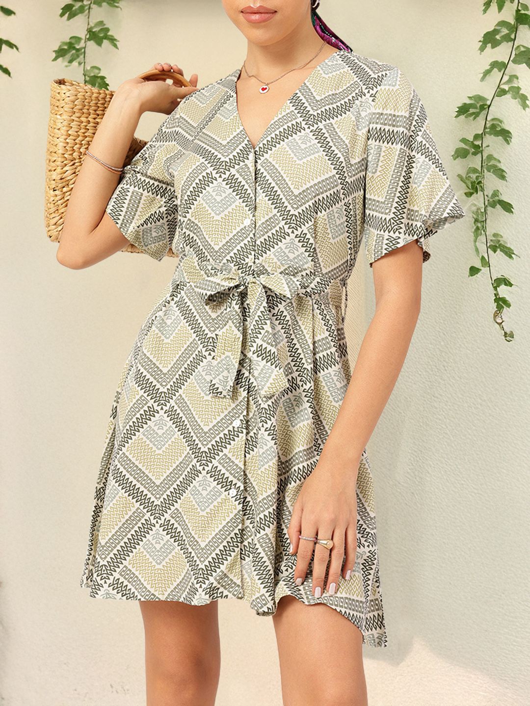 DressBerry Printed A-Line Mini Dress with Belt
