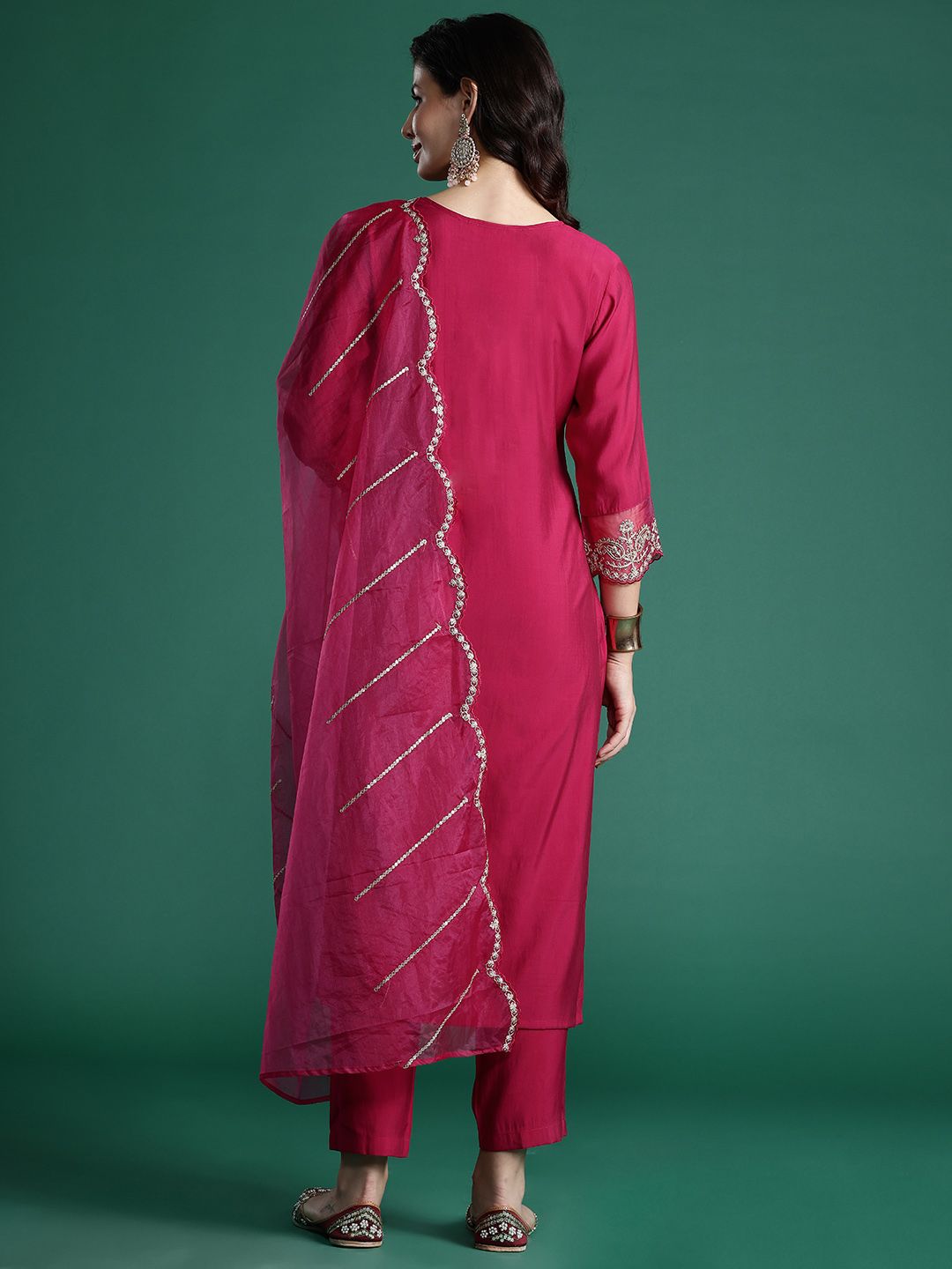 Indo Era Women Ethnic Motifs Embroidered Zari Liva Kurta With Trousers & Dupatta