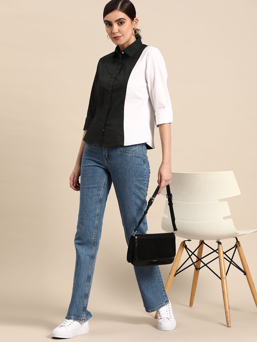 DENNISON Women Black Smart Slim Fit Opaque Colourblocked Casual Shirt