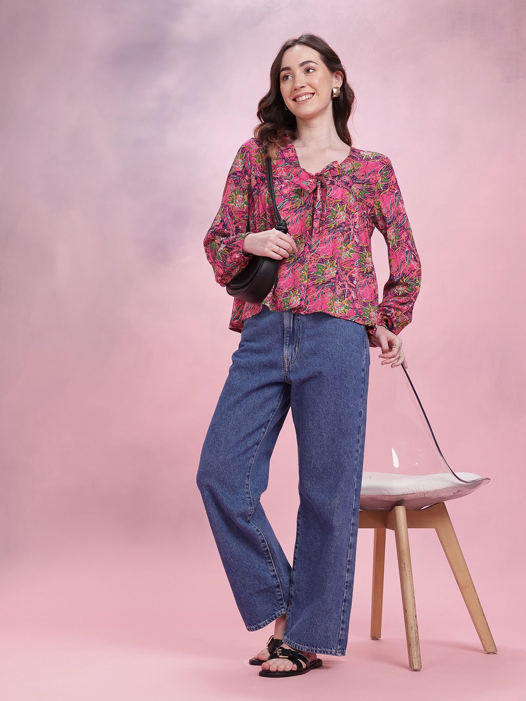 DressBerry Tropical Print Tie-Up Neck Regular Top