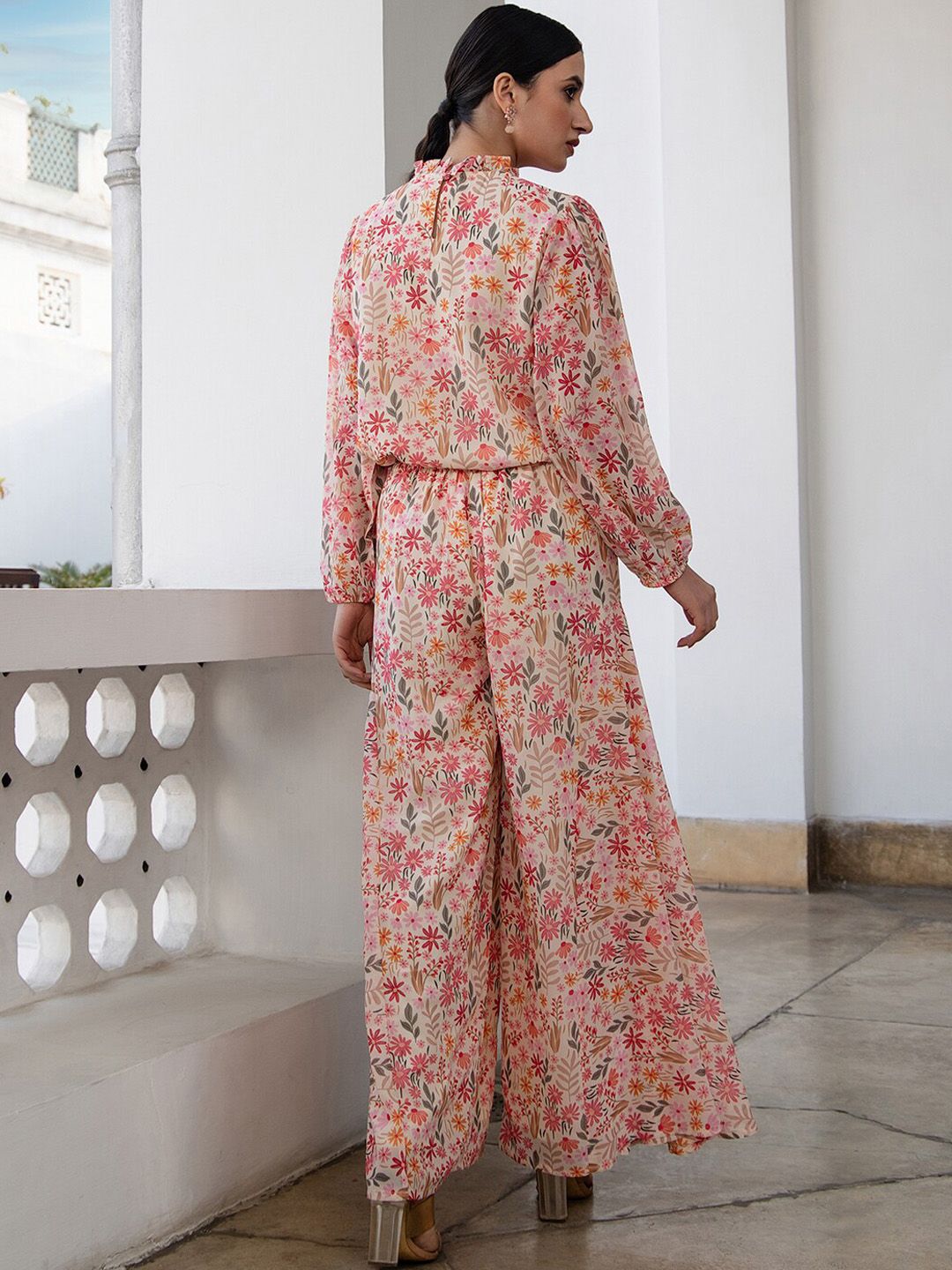 Janasya Women's Beige Georgette Floral Regular Co-ord Set