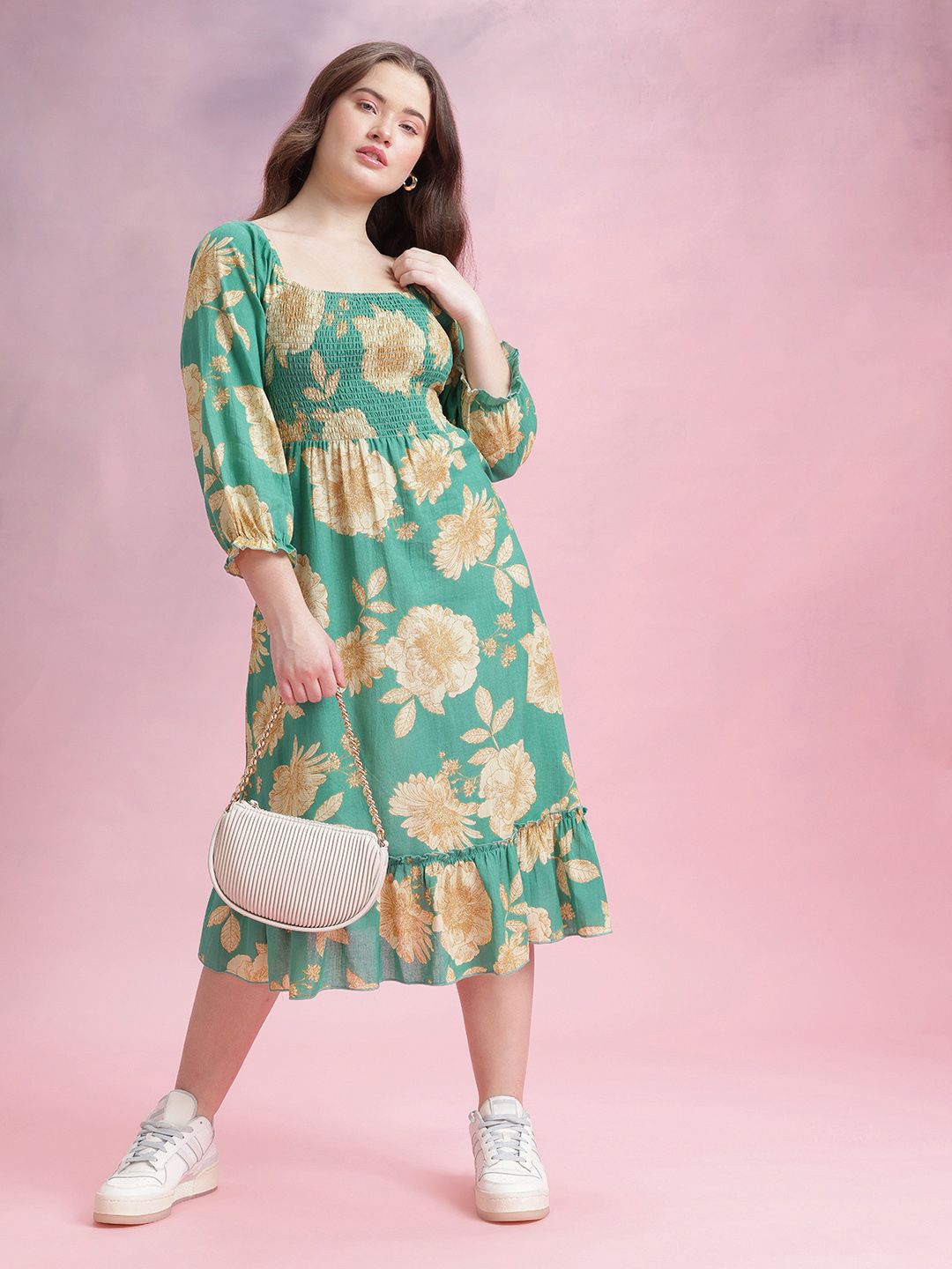 DressBerry Floral Print Puff Sleeve Fit & Flare Dress
