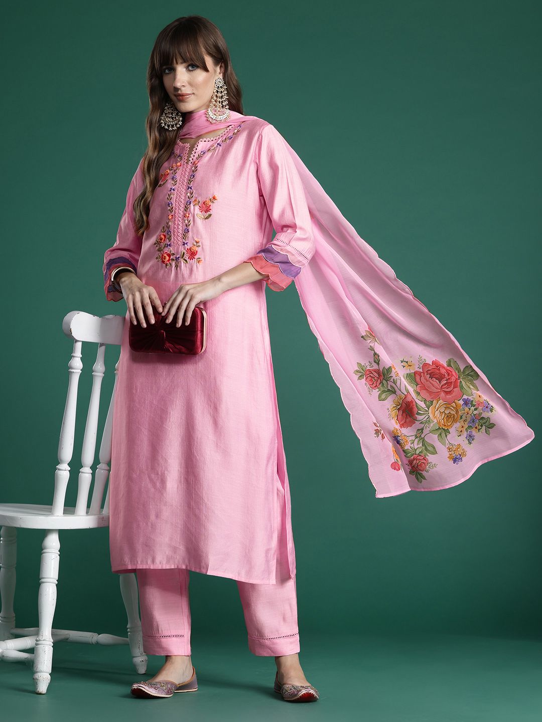 Indo Era Floral Embroidered Thread Work Kurta with Trousers & With Dupatta