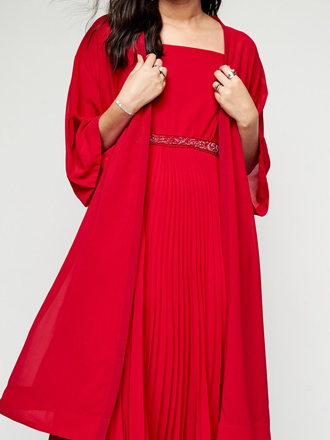 AND Sequined Shoulder Straps Fit & Flare Maxi Dress With Shrug