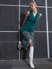 SASSAFRAS Green Washed Cargo Pencil Midi Denim Skirt