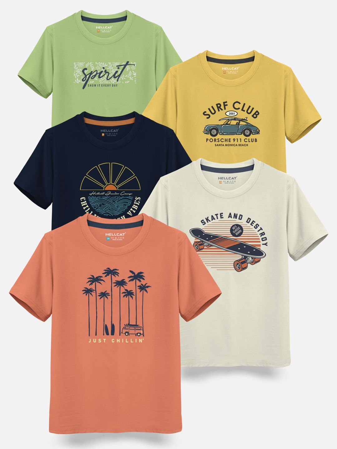 HELLCAT Boys Pack Of 5 Graphic Printed Cotton T-shirt