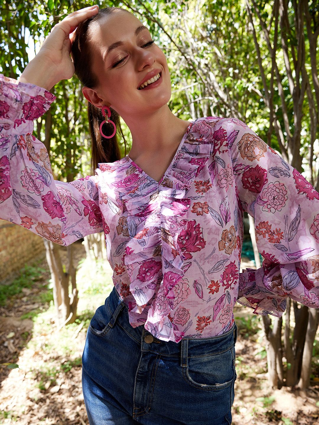 STREET 9 Pink & White Floral Printed Ruffle Top