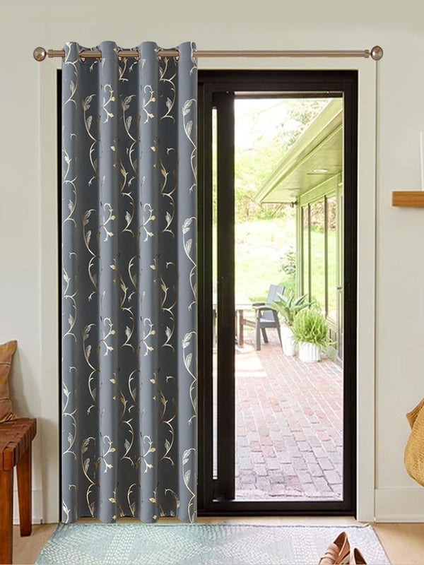 URBAN SPACE Grey & Gold Toned Floral Printed Black Out Long Door Curtain