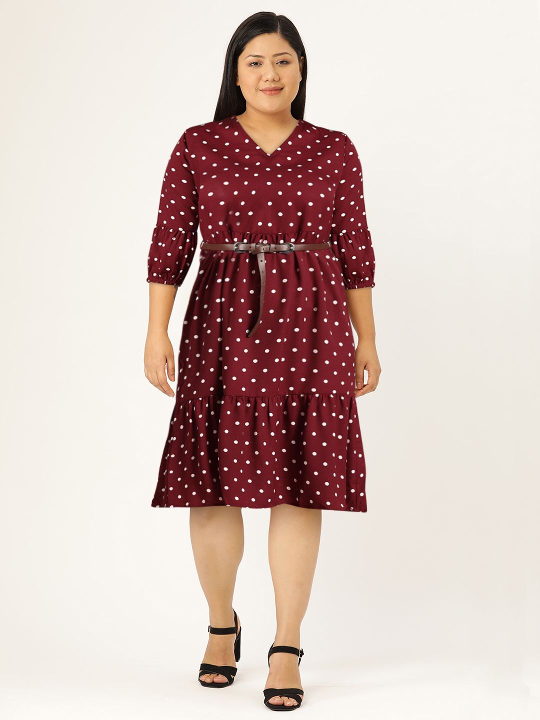 all about you Women Maroon & White A-Line Polka Dot Printed A-Line Dress With A Belt