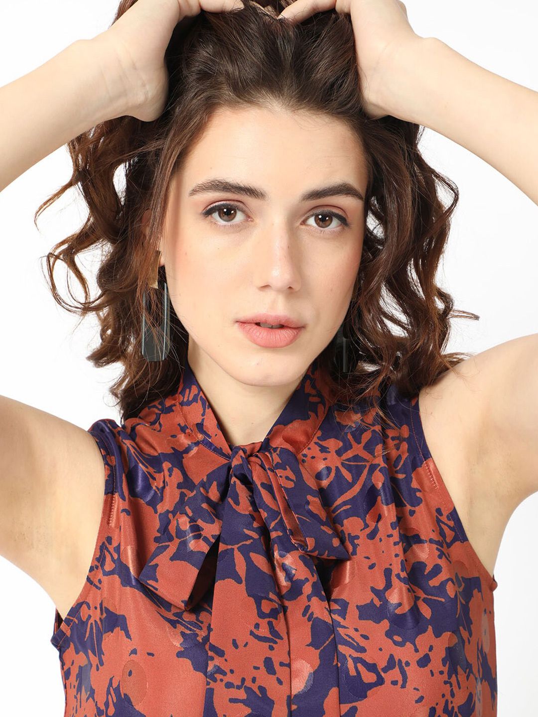 RAREISM Ellu Floral Printed Tie-Up Neck A-Line Midi Dress