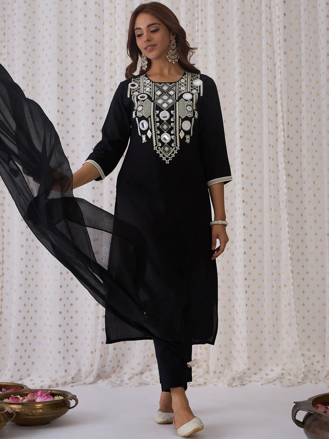 Indo Era Ethnic Embroidered Round Neck Straight Kurta with Trousers & Dupatta