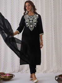 Indo Era Ethnic Embroidered Round Neck Straight Kurta with Trousers & Dupatta