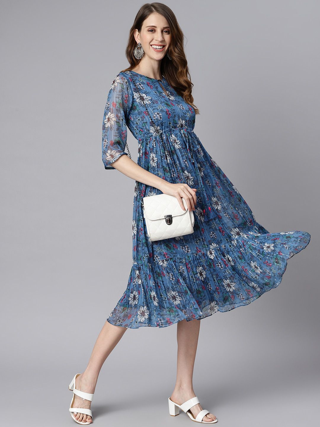 Janasya Floral Printed Flared Dress