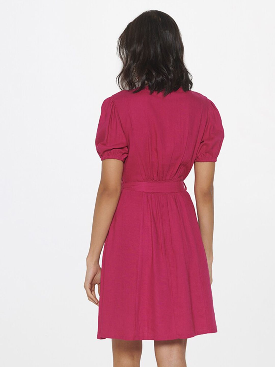 AND Magenta Colourblocked Puff Sleeve Linen A-Line Dress