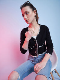 STREET 9 Black & White Self Design V-Neck Acrylic Cardigan Sweater