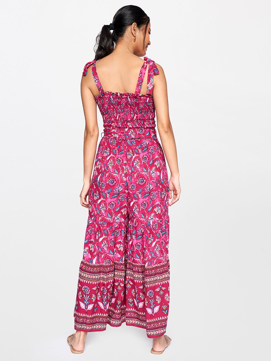 Global Desi Multicoloured Printed Smocked Waist Tie-Ups Basic Jumpsuit