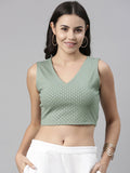 Global Desi Sage Green Geometric Print Sleeveless Blouson Crop Top