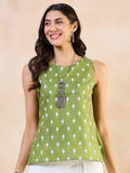 Anouk  Print Cotton Green Geometric Printed Sleeveless Top