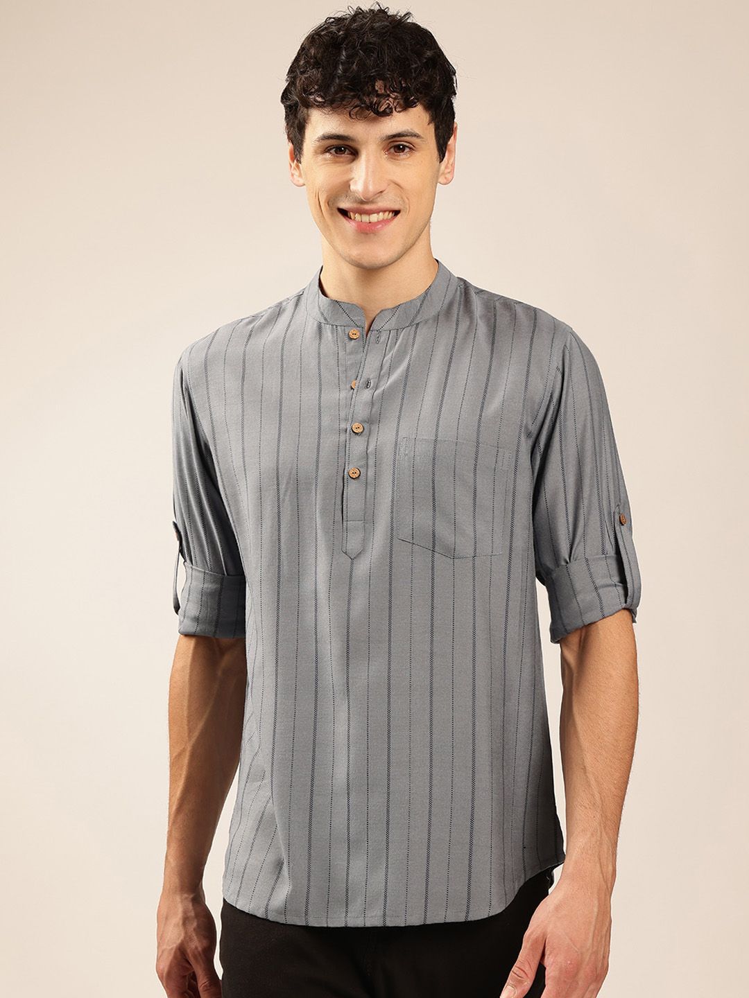 Anouk Striped Mandarin collar Pathani Short Kurta