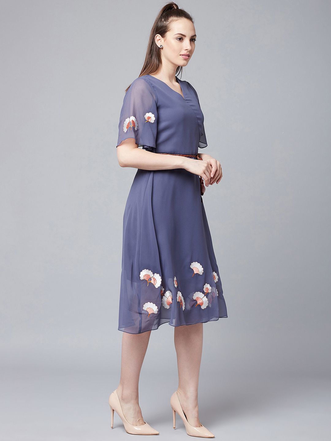 Athena Floral Embroidered V-Neck Belted A-Line Dress