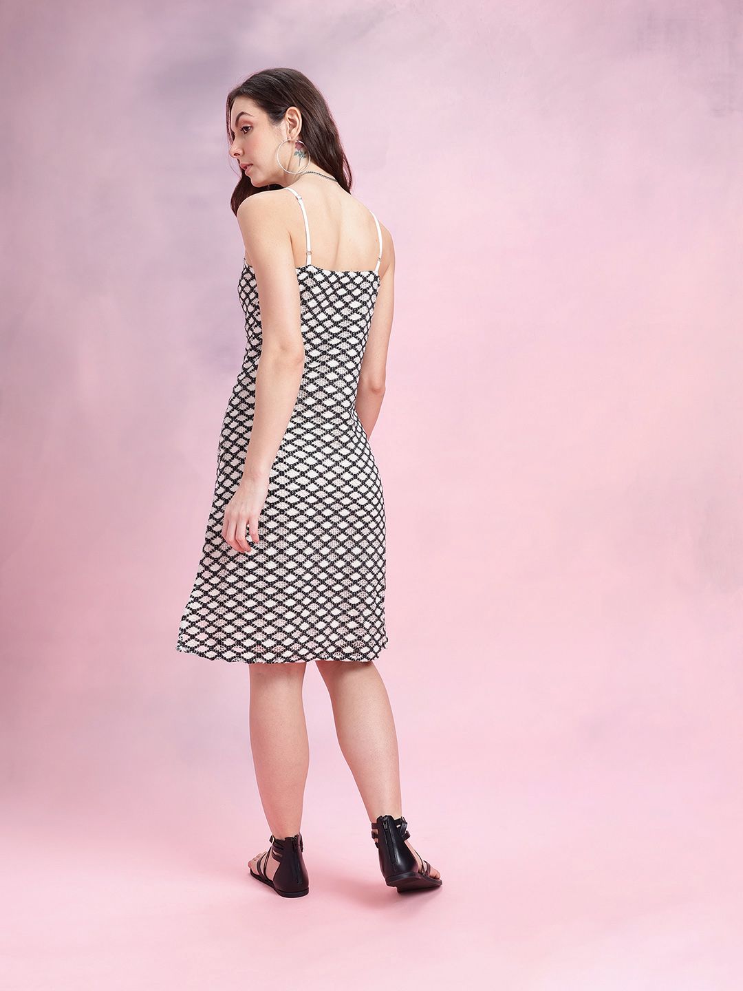 DressBerry Geometric Self-Design Shoulder Straps Crochet A-Line Dress with Side Slit