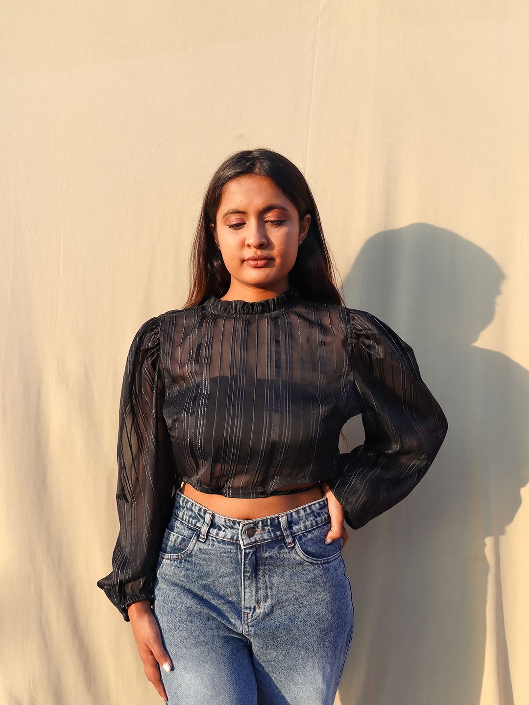 STREET 9 Black Embellished Georgette Blouson Frilled Neck Top