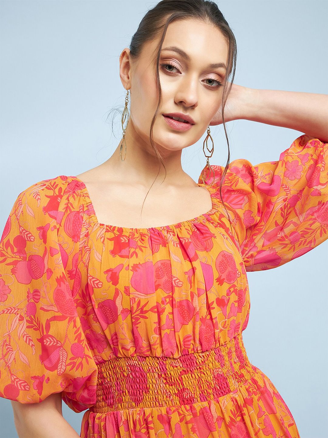 Antheaa Yellow Floral Printed Square Neck Puff Sleeve Chiffon Fit & Flare Midi Dress