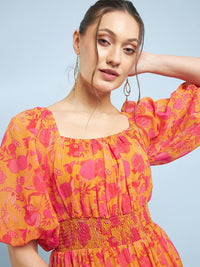 Antheaa Yellow Floral Printed Square Neck Puff Sleeve Chiffon Fit & Flare Midi Dress