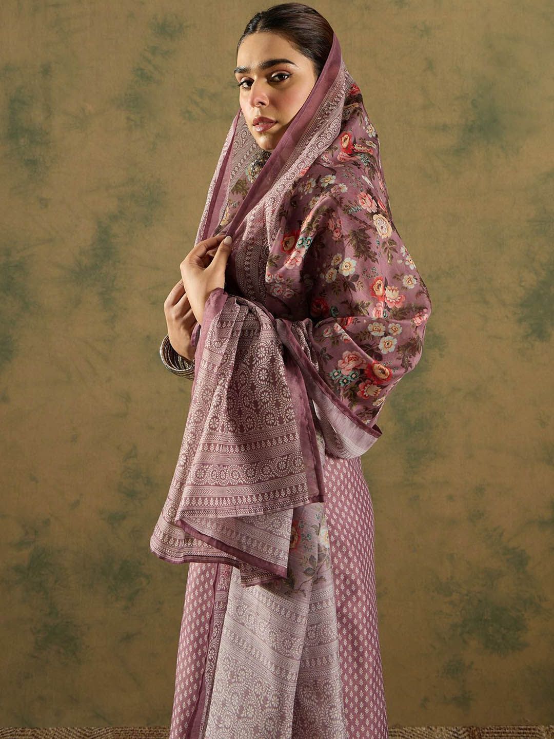 Indo Era Floral Printed Thread Work Chanderi Silk Straight Kurta with Trouser & Dupatta