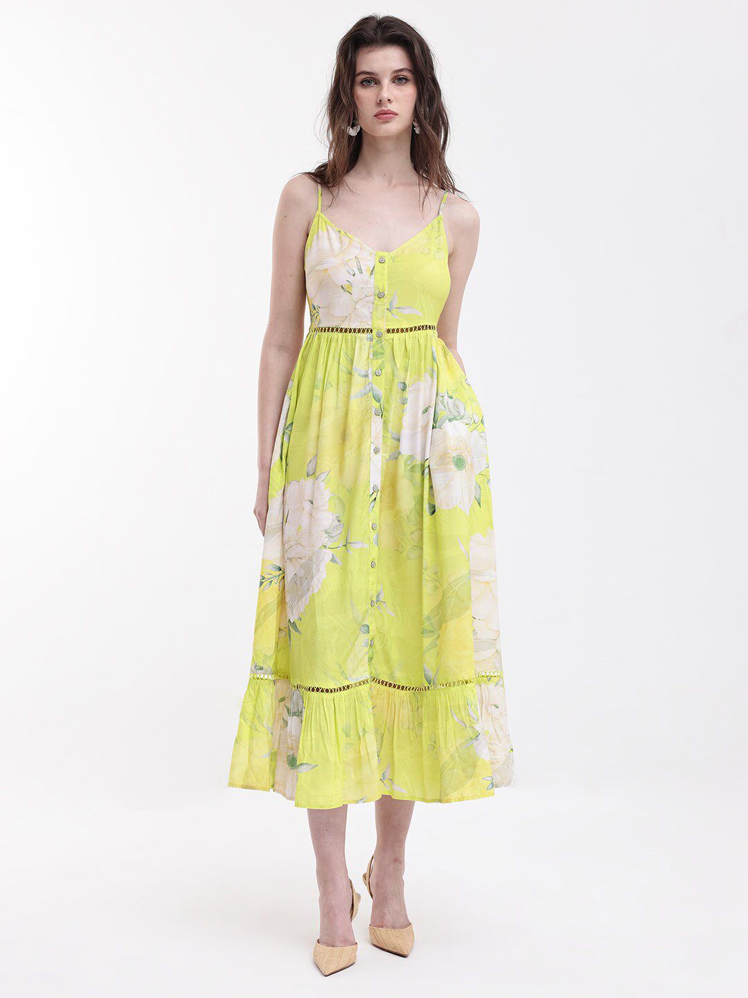 RAREISM Floral Printed Shoulder Straps Gathered Fit & Flare Midi Dress