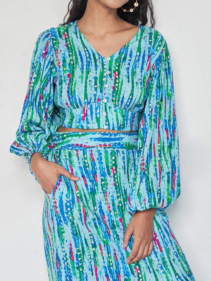 Global Desi Geometric Printed Crop Top With Maxi Skirt