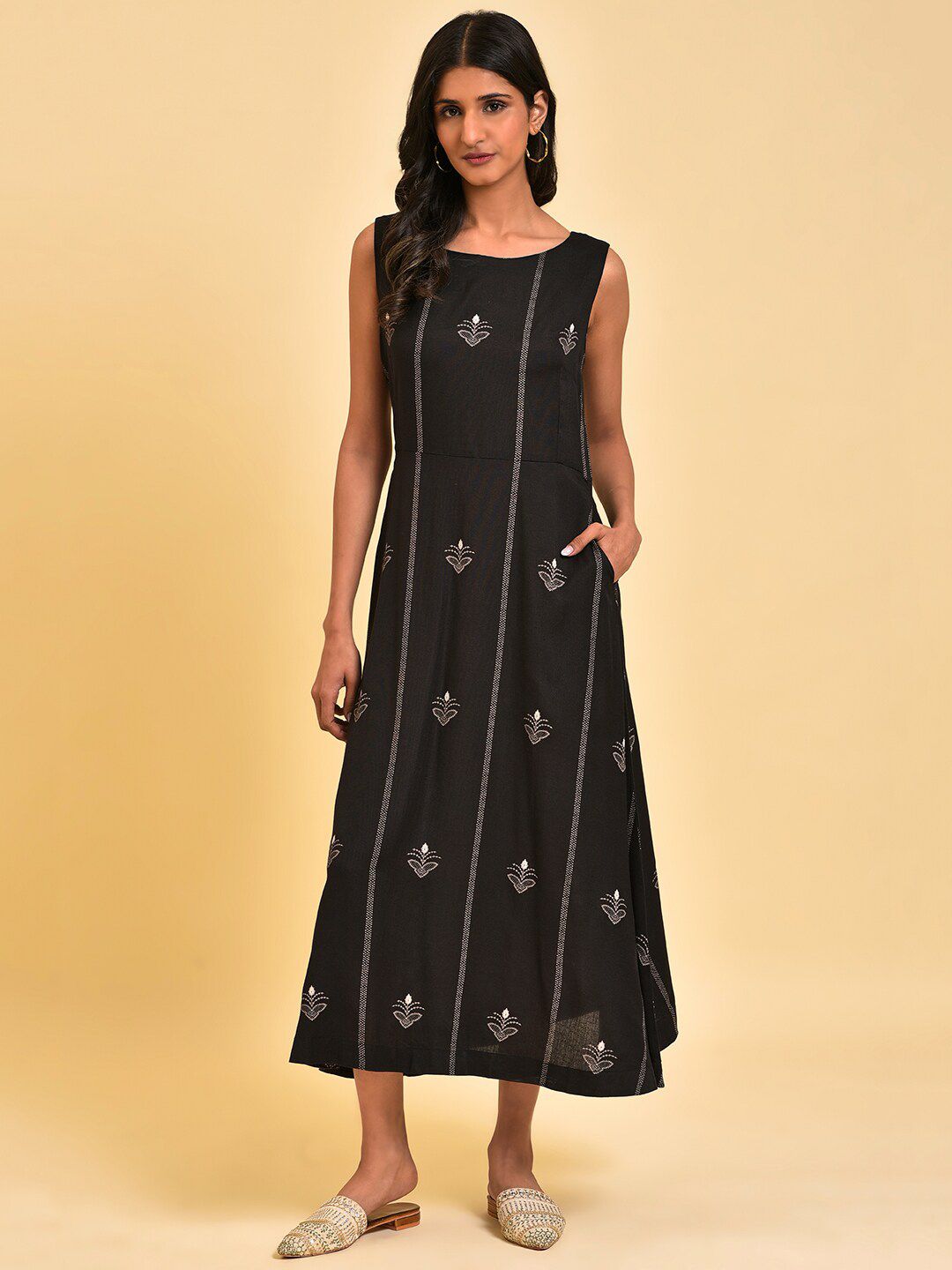 W Black Embroidered Sleeveless A-Line Midi Ethnic Dress