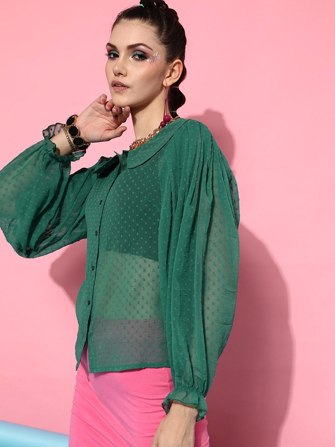 STREET 9 Women Green Sheer Dobby Printed Casual Shirt