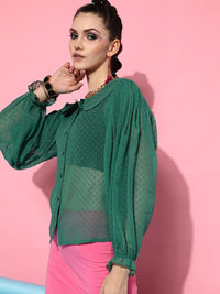 STREET 9 Women Green Sheer Dobby Printed Casual Shirt