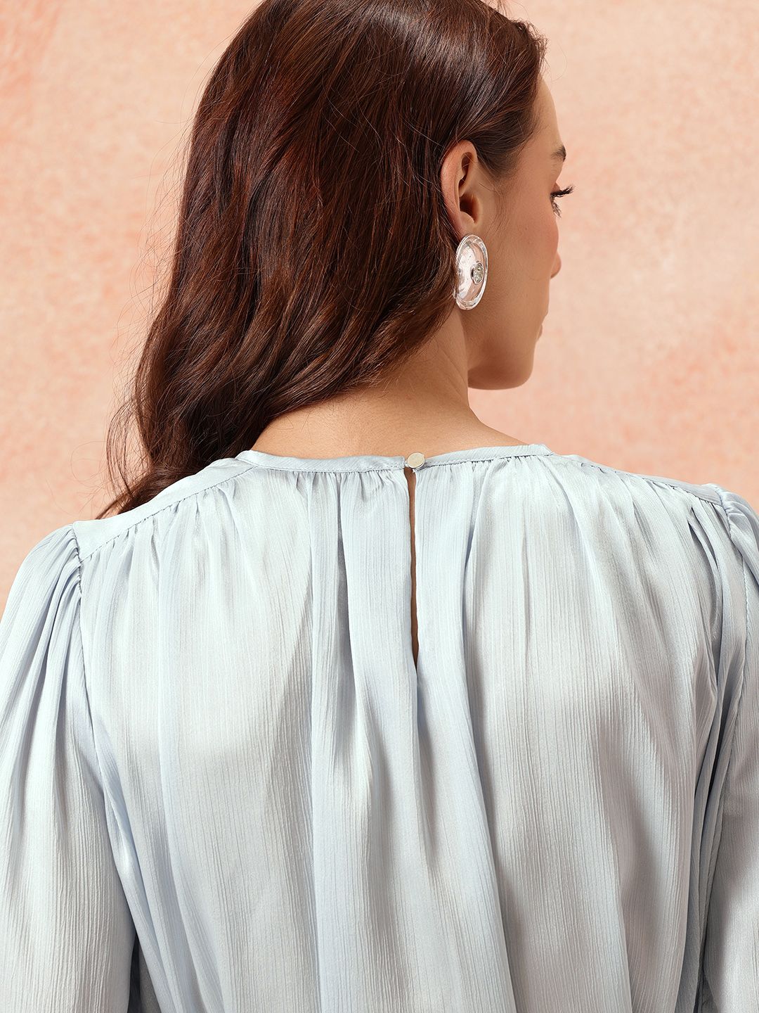 all about you Gathered Detail Bishop Sleeves Party Satin A-Line Dress with Belt