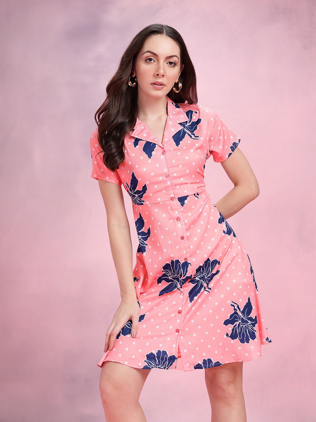 DressBerry Floral Print Notched Lapel Collar Shirt-Style Dress