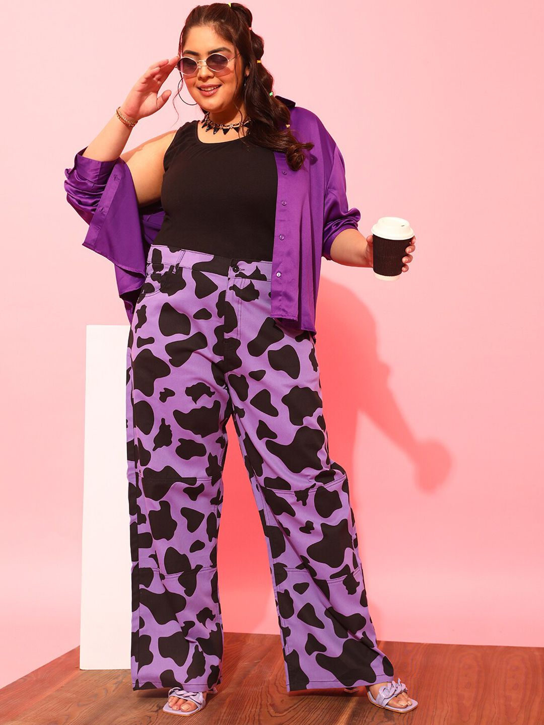CURVY STREET Women Plus Size Lavender Printed Relaxed Straight Leg Pure Cotton Trousers