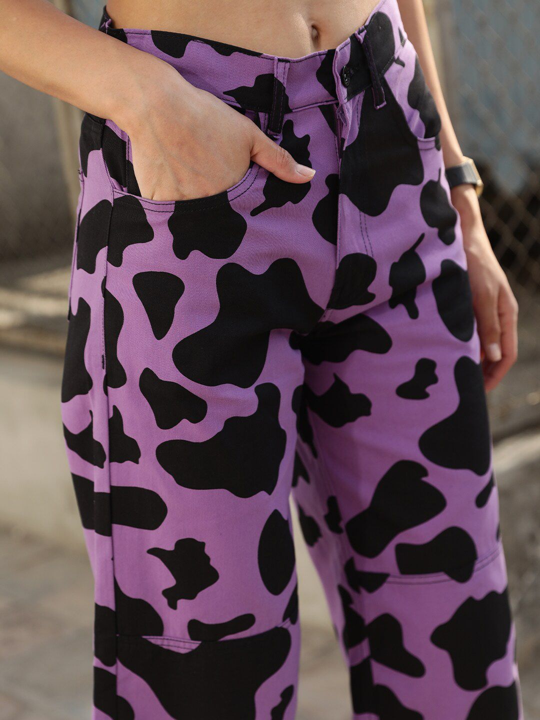 STREET 9 Women Lavender Printed Relaxed Loose Fit High-Rise Cotton Trousers