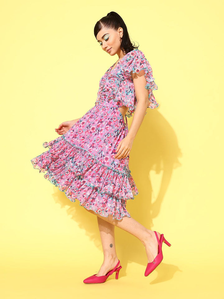 Antheaa Floral Print Flared Sleeve Chiffon A-Line Dress