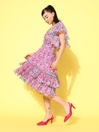 Antheaa Floral Print Flared Sleeve Chiffon A-Line Dress