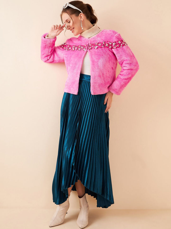 Antheaa Pink Self Design Collarless Long Sleeves Studded Tailored Jacket