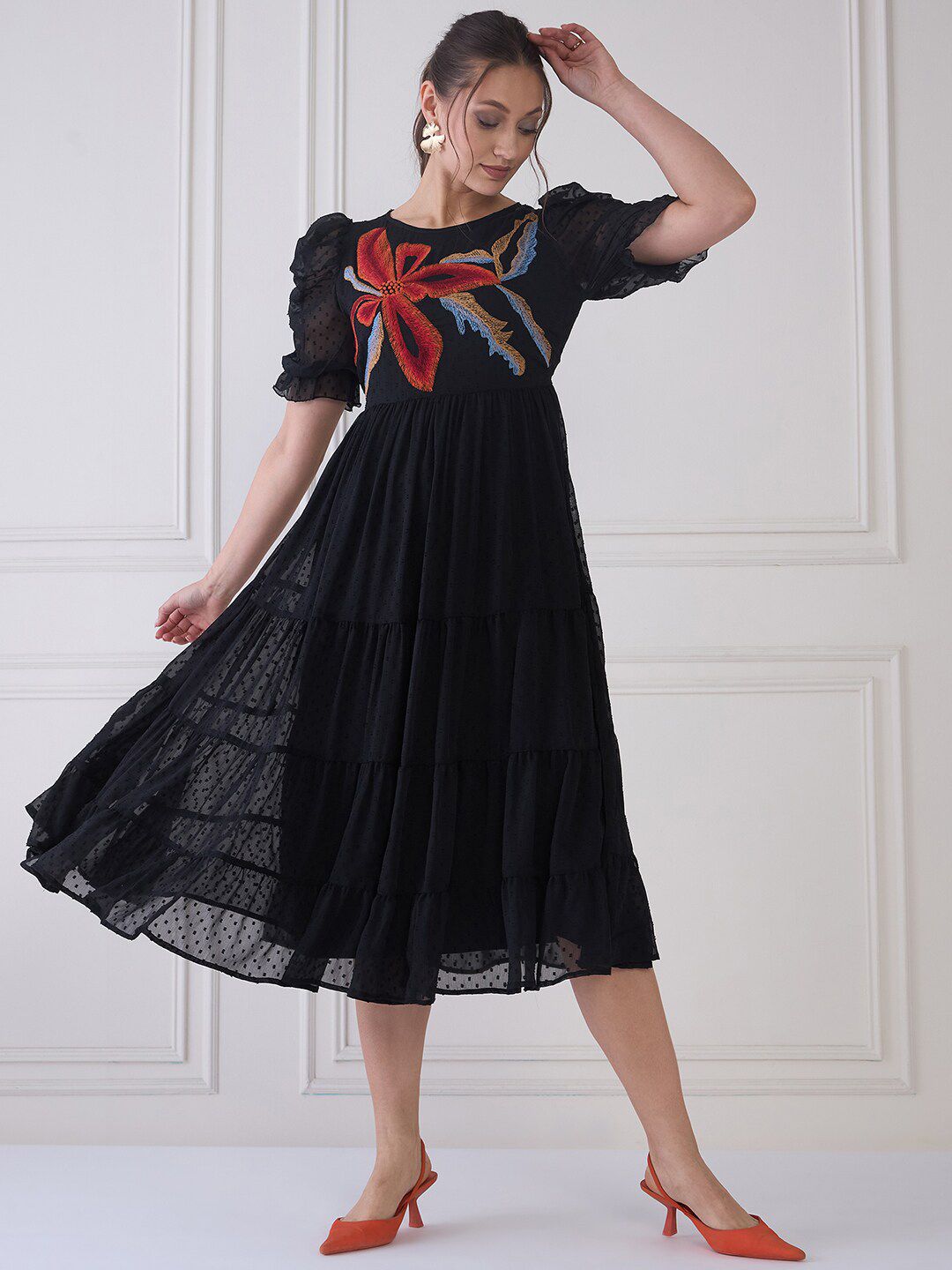 Antheaa Embroidered Round Neck Puff Sleeve Tiered Fit & Flare Midi Dress